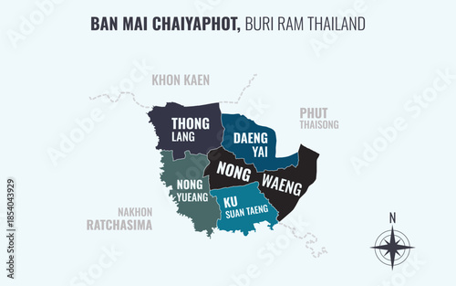 Map showing Ban Mai Chaiyaphot District Buri Ram Thailand divided into sub districts with minimalist colorful patterns