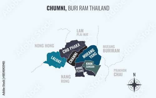 Map showing Chumni District Buri Ram Thailand divided into sub districts with minimalist colorful patterns