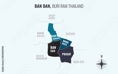 Map showing Ban Dan District Buri Ram Thailand divided into sub districts with minimalist colorful patterns