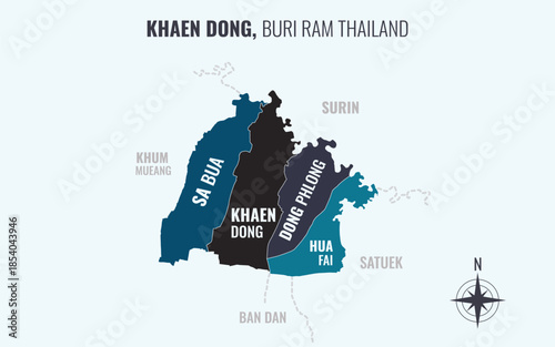 Map showing Khaen Dong District Buri Ram Thailand divided into sub districts with minimalist colorful patterns