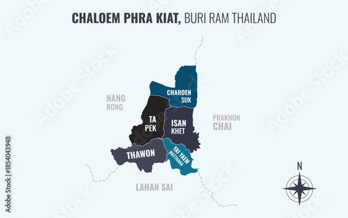 Map showing Chaloem Phra Kiat District Buri Ram Thailand divided into sub districts with minimalist colorful patterns