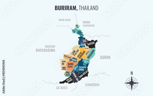 A map showing Buri Ram Thailand divided into districts in a minimalist colorful style