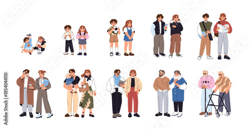 Couples from different generations set. People in romantic relationships in various ages. Family with child. Young, adult and old friends stand together. Flat isolated vector illustrations on white.