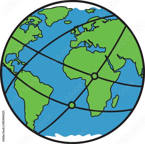 World globe showing connected points of landmasses; illustration.