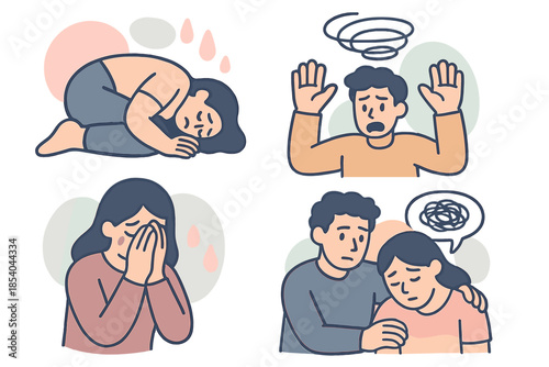 Illustrations showing emotions and support during difficult times, depicting sadness, anxiety, and comfort