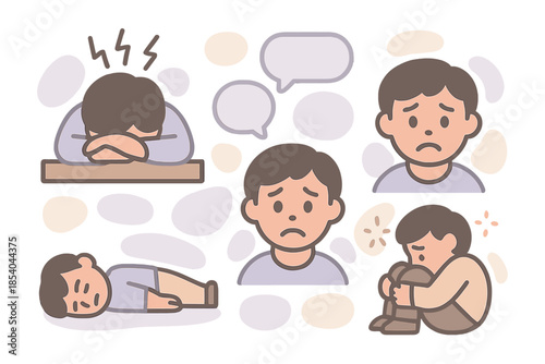 Expressions of sadness and emotional struggle illustrated in a cartoon style, showing various states of distress and discomfort