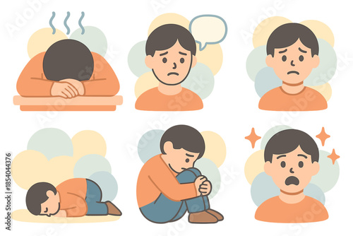 Different expressions of sadness and distress shown through illustrations of a young man in various poses and gestures