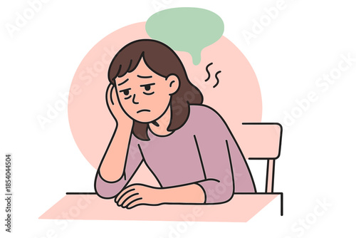 Woman sitting at a table looking sad with a thoughtful expression in a simple, colorful illustration