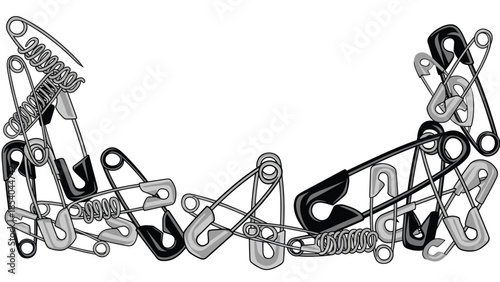 Grayscale vector illustration of open and closed safety pins scattered to form an arched border with blank copy space for text in the middle.