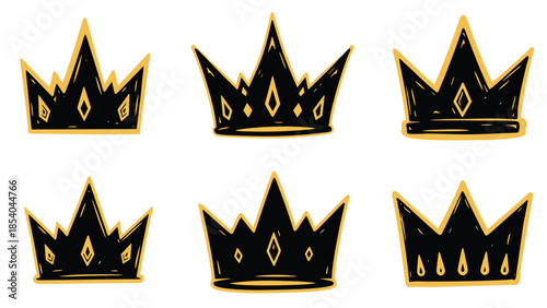 Set of six royal crowns hand-drawn in a rough, sketchy doodle style with black fill and bold golden yellow outlines on a plain background.