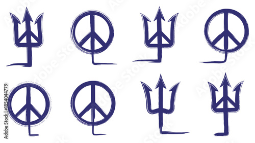 Set of blue grunge icons featuring peace symbols and tridents, painted with a rough, textured brush stroke style on a white background.