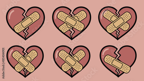 Set of broken hearts being mended with crossed adhesive bandages, symbolizing healing, recovery from heartbreak, and emotional repair.