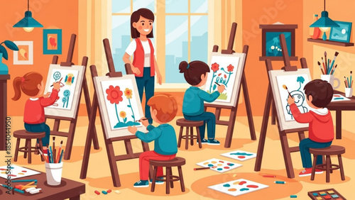 Children painting on easels guided by a teacher in a bright and colorful art classroom, creative learning environment with easel, art