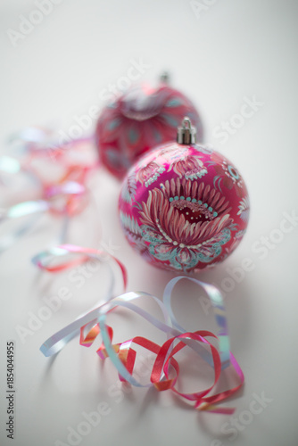 Composition of New Year's balls painted with Petrykivka painting