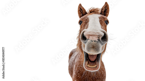 Funny brown horse head with open mouth laughing isolated on transparent background