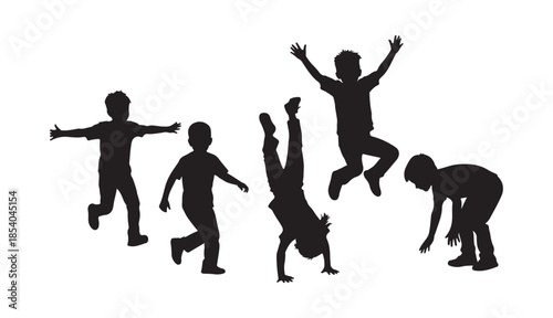 An illustration featuring the silhouettes of five children engaged in play, running, jumping, tumbling, and moving about
