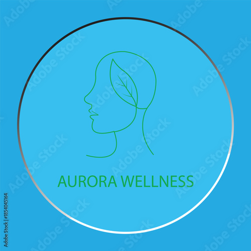 Line art profile of a human head with leaf ear on blue background for Aurora Wellness logo