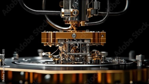 Close-up of a complex mechanical apparatus with gold and silver components against a black background. Detailed, precise, futuristic design
