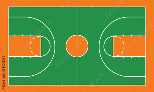 Basketball Court Field Vector Layout. Top View of Professional Green and Orange Play Surface with Three-Point Line and Key