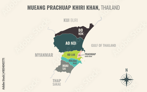 Map showing Mueang Prachuap Khiri Khan District Prachuap Khiri Khan Thailand divided into sub districts with minimalist colorful patterns