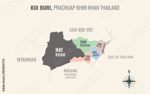 Map showing Kui Buri District Prachuap Khiri Khan Thailand divided into sub districts with minimalist colorful patterns
