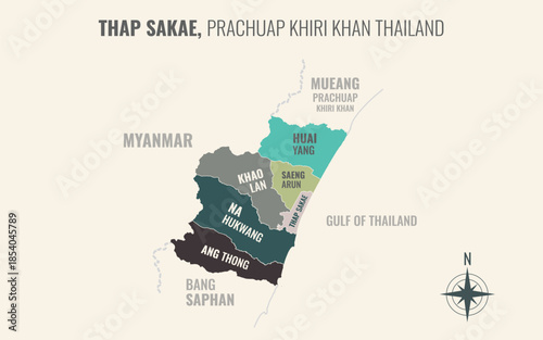 Map showing Thap Sakae District Prachuap Khiri Khan Thailand divided into sub districts with minimalist colorful patterns