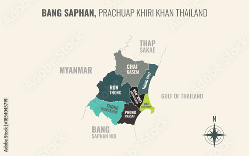 Map showing Bang Saphan District Prachuap Khiri Khan Thailand divided into sub districts with minimalist colorful patterns