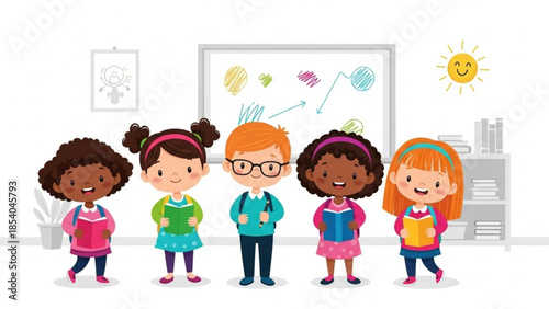 Group of diverse cartoon children and boy standing together in classroom with whiteboard and books on shelf
