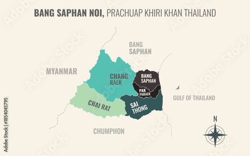 Map showing Bang Saphan Noi District Prachuap Khiri Khan Thailand divided into sub districts with minimalist colorful patterns