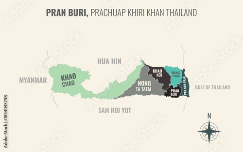 Map showing Pran Buri District Prachuap Khiri Khan Thailand divided into sub districts with minimalist colorful patterns