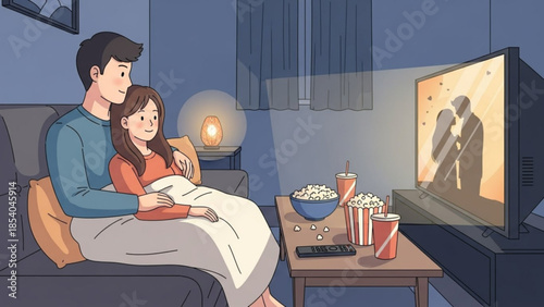 Cozy couple watching romantic movie together on sofa with popcorn and drinks in a dimly lit living room
