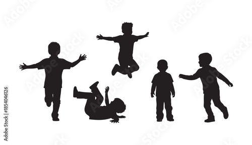 A silhouette illustration of five kids having fun, playing, running, jumping, tumbling, and moving around

