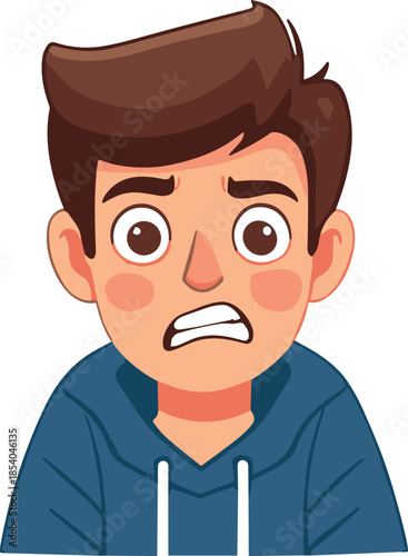Cartoon male avatar anxious worried expression, nervous scared character face, hoodie boy emotions, modern flat vector illustration isolated design