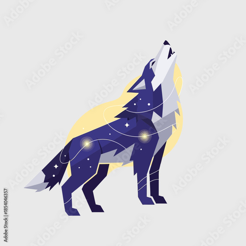 Geometric wolf howling with stars and celestial elements.