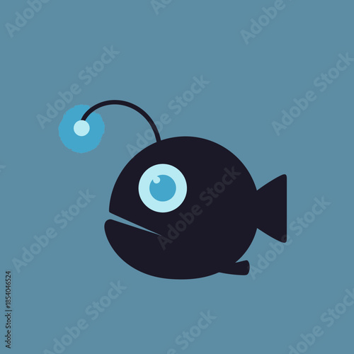 Stylized anglerfish with a glowing lure and large eye.