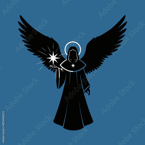 Angel with wings holding a star and halo.