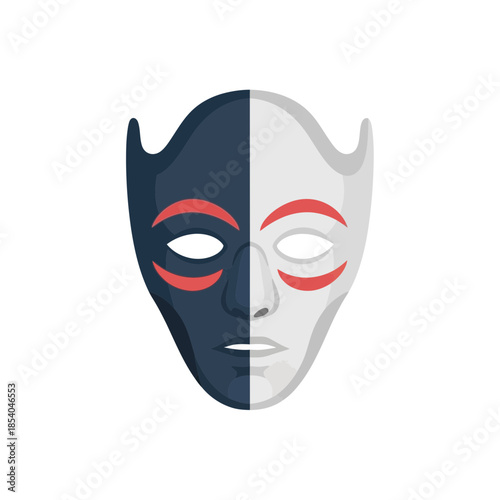 A split-face mask with dark blue and white halves and red accents.