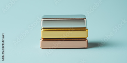 Metallic bars stack on blue background. Gold, silver, and copper production and investments