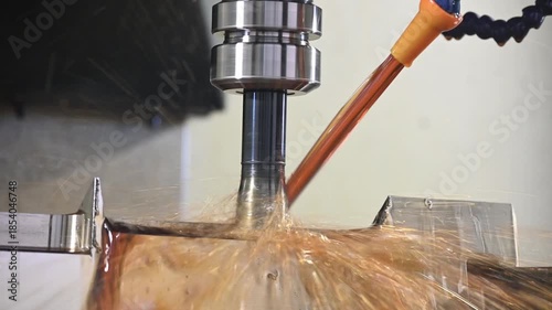 The CNC milling machine rough cutting the mold parts with oil coolant method.