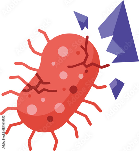 Cracked red bacterium or microbe with blue fragmentation on white