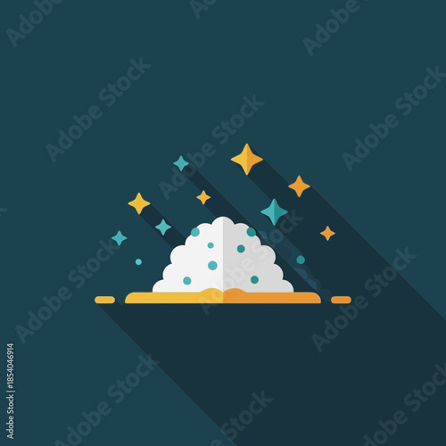 Open book with white pages and blue dots, stars flying out.