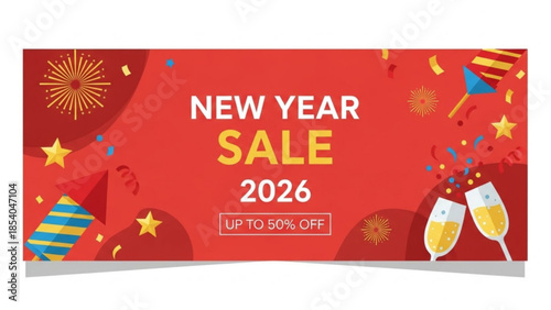 New year sale banner with champagne and fireworks celebration design for 2026 promotions and discounts
