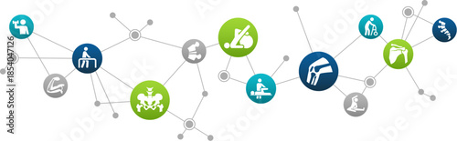 orthopedics / rehabilitation / chiropractic vector illustration. Concept with icons related to physical therapy, skeletal medicine, arthritis / osteoporosis - rehabilitation & recovery from injury.