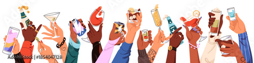 People celebrate holiday with alcohol cocktails. Hands holding different glasses of drinks and toast. Festive party with beer, wine and champagne. Flat isolated vector illustration on white background