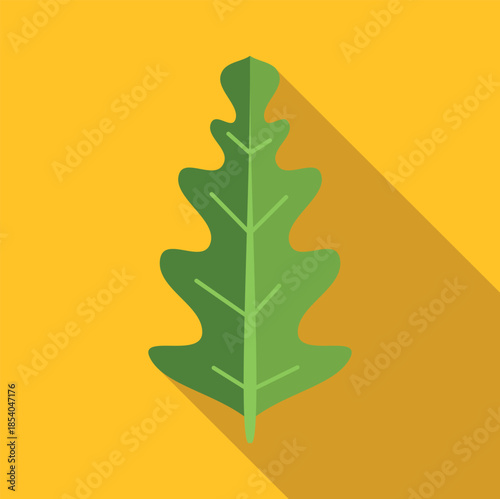 Green oak leaf vector flat design illustration with long shadow on yellow background