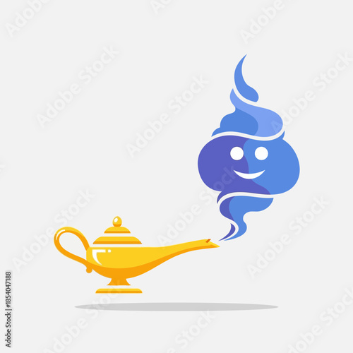 Golden lamp with blue genie smoke and smiling face.