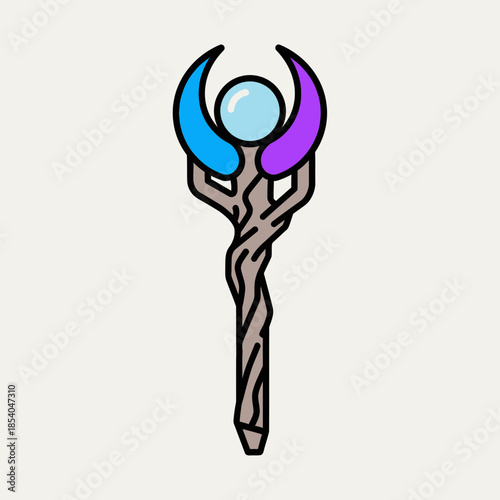 A magical staff with a crystal orb and colorful embellishments.