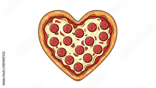 Heart shaped pepperoni pizza with melted cheese on a white background, romantic dinner concept, valentines day food illustration