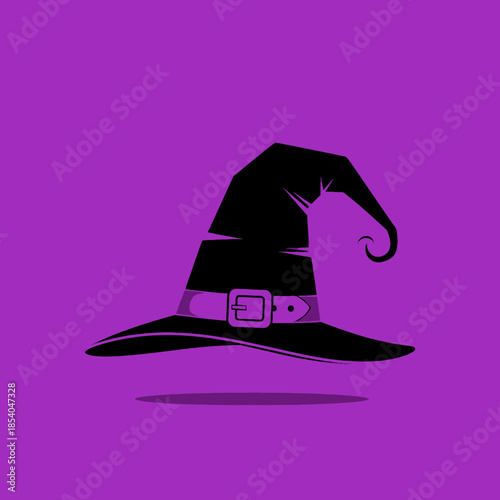 Black witch hat with purple band and buckle, casting a shadow.