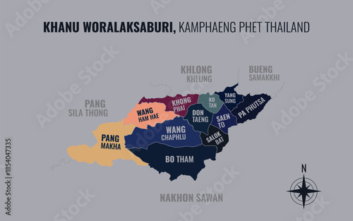 Map showing Khanu Woralaksaburi District Kamphaeng Phet Thailand divided into sub districts with minimalist colorful patterns